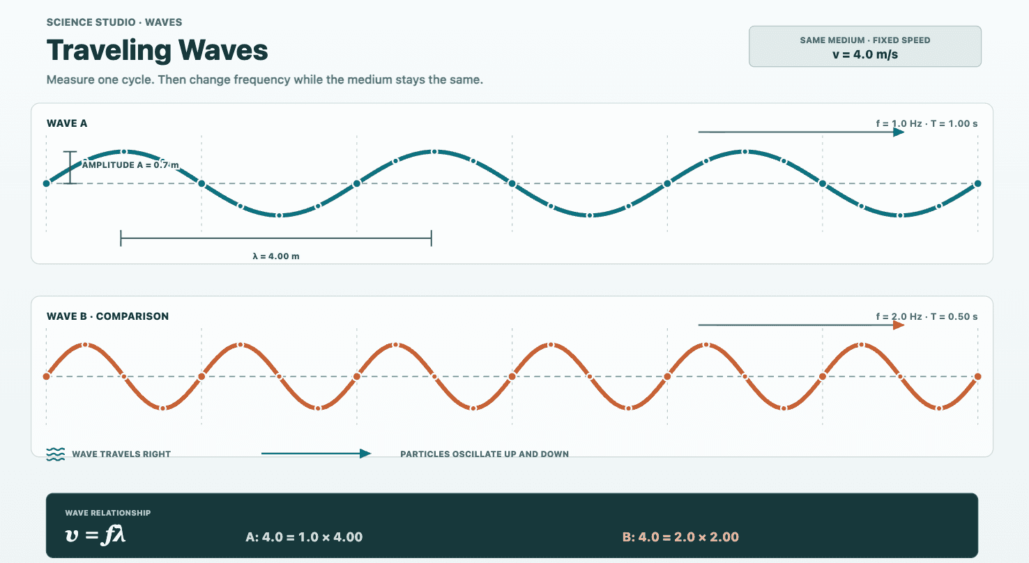 Science Studio traveling-wave experiment comparing two frequencies at the same wave speed